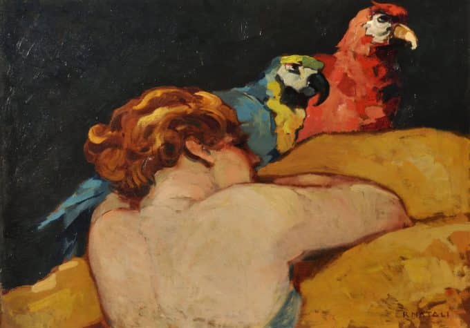 RENATO NATALI, "Donna con pappagallo", 1920 circa, olio su tela,
mostra a Viareggio 2019